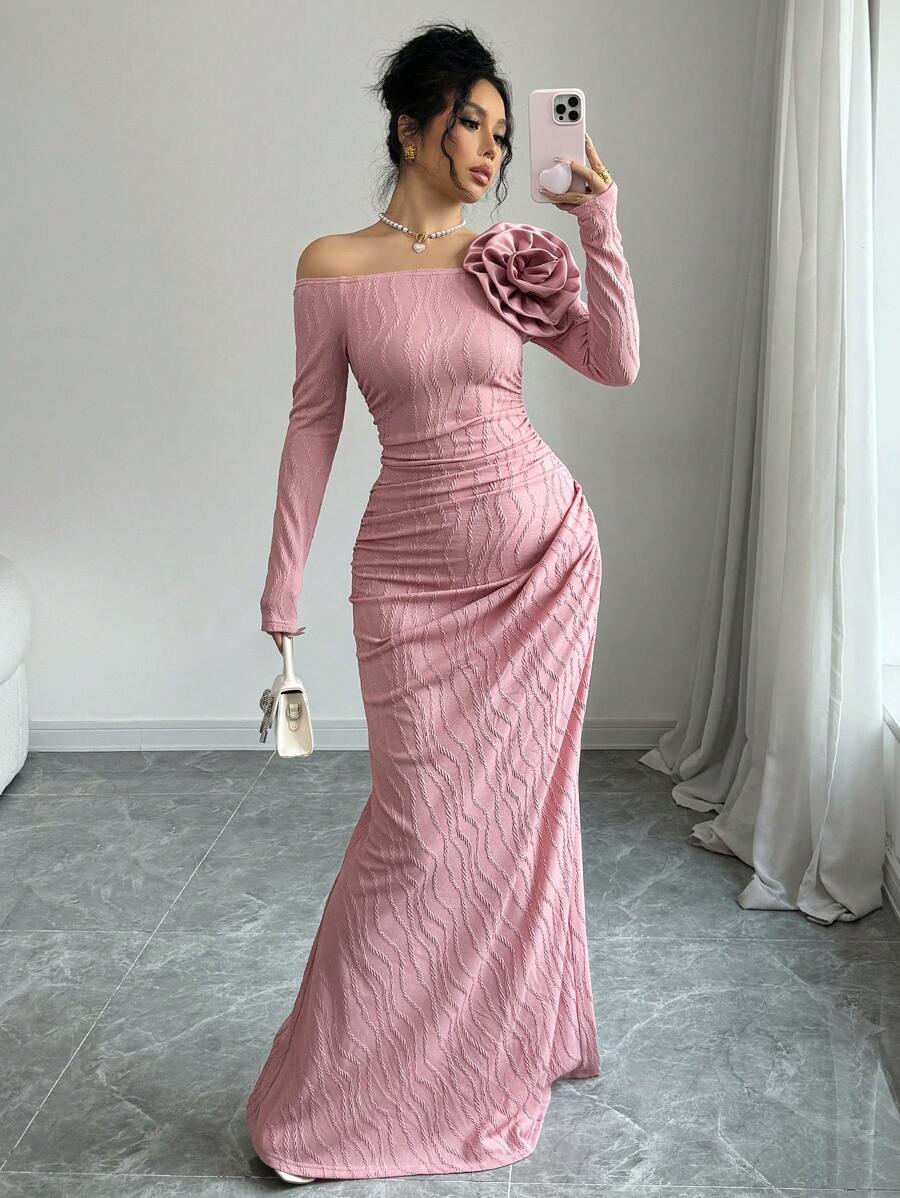 Rafferiza Women Long Sleeve 3D Floral Long Dress