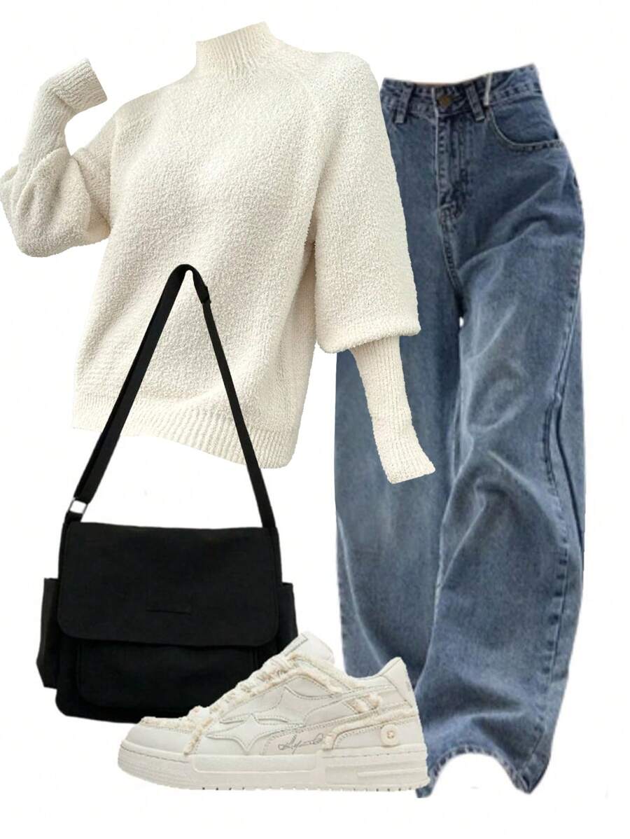 Chiquease Damen Lockererer Glockenärmel-Pullover mit Stehkragen aus Flauschstoff, Herbst/Winter