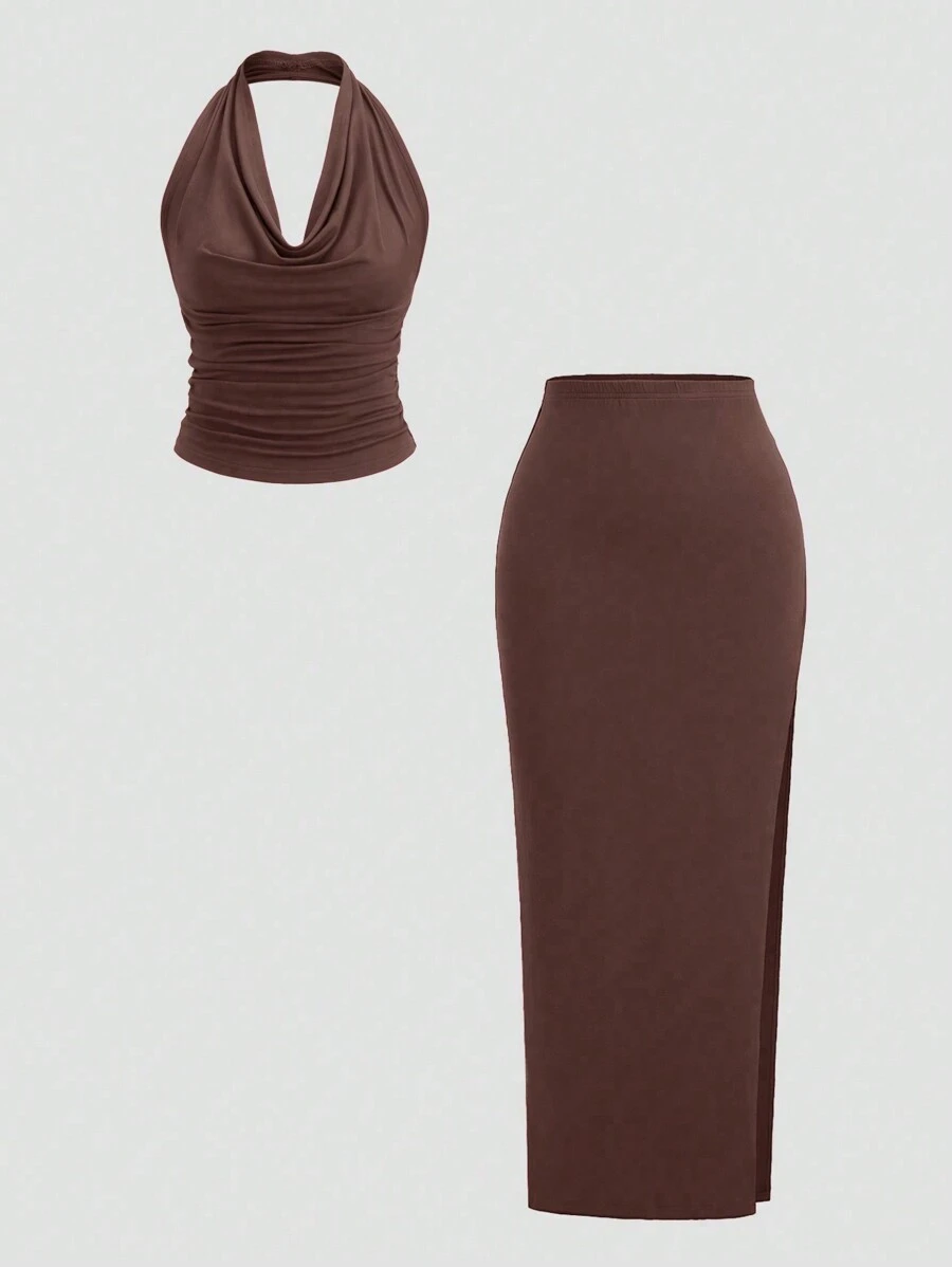 Sweetra Conjunto com Cropped com Decote Profundo e Decotado nas Costas e Saia com Fenda Lateral