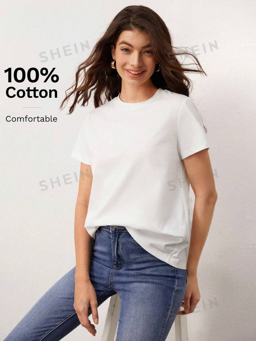 SHEIN BASICS Camiseta de manga corta de cuello redondo, de color liso, para verano
