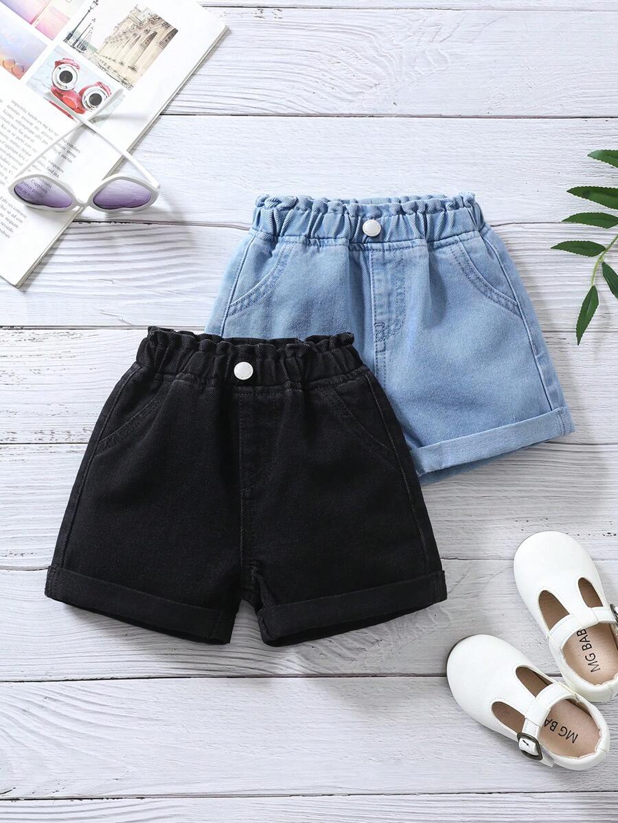 SHEIN 2pcs Baby Girl Denim Shorts Set, Blue & Black Color, Spring And Summer Casual Vacation Country Boho Wear, Beach Outfits