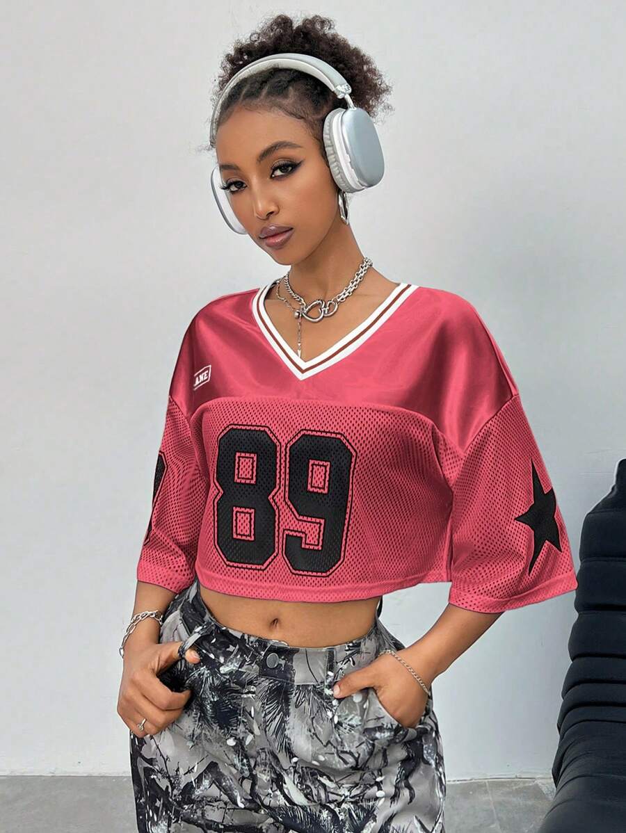 Coolane Women's Casual Streetwear Numer Print Cropped Loose Red T-Shirt