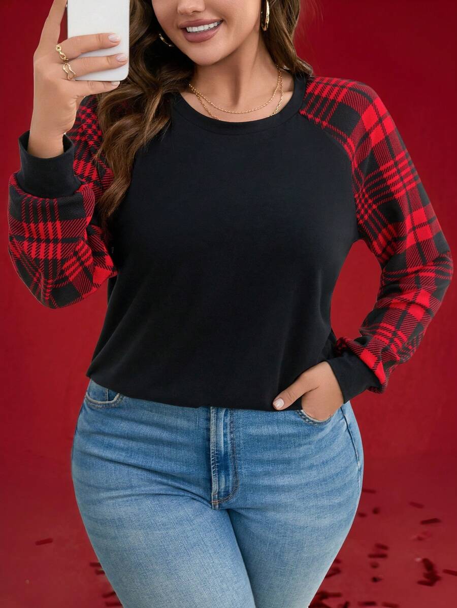 SHEIN LUNE SHEINLUNE Plus Size Women Christmas Valentine Party Casual Red Plaid Panel Sleeve T-Shirt, Everyday Wear, Long Sleeve Tops, New Years Women Outfit, Party,Spring