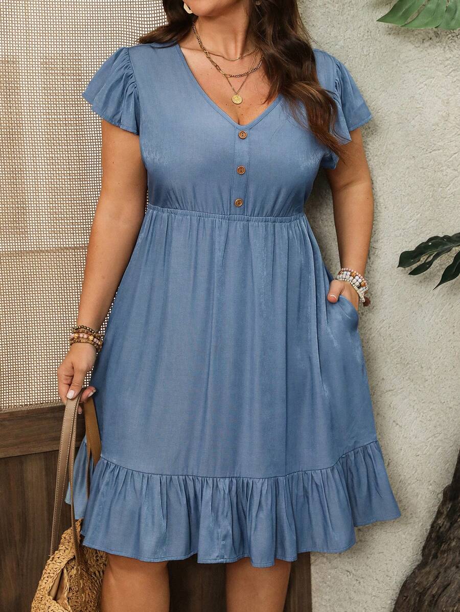 EMERY ROSE Plus Size Women V-neck Falbaniaste rękawy Guziki Dekoracja Boho Sukienka Wiosenne Stroje Dla Kobiet Letnie Stroje Dla Kobiet