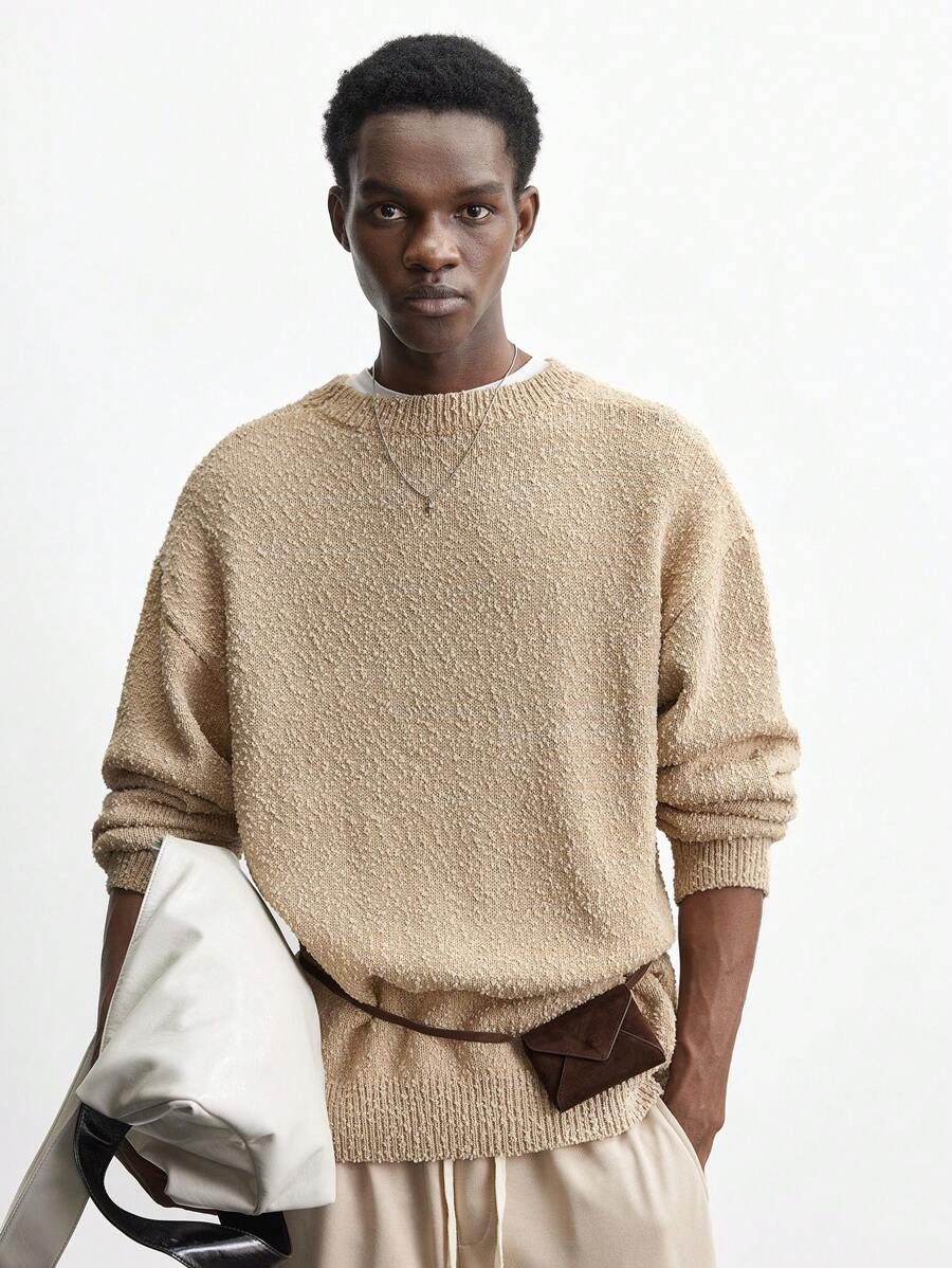 Maija Men's New Spring 2025 Solid Texture Round Neck Drop Shoulder Long Sleeve Casual Sweater, Fashion Simple For Valentine's Day, Dates, Holidays, New Year Party, Daily, Travel And Commuting