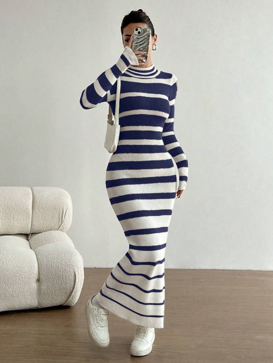 Flirla Casual Versatile Color Block Striped Long Sweater Dress