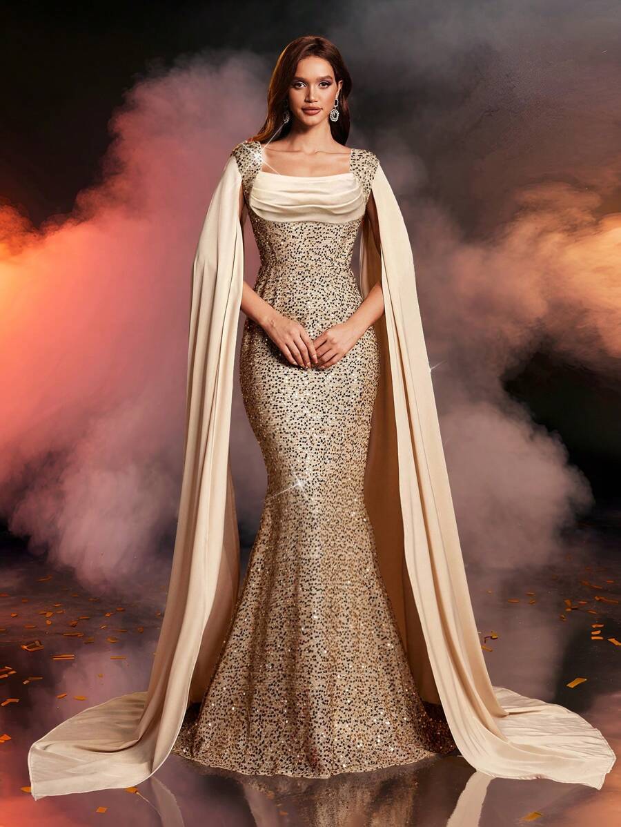 Glamrae Elegant & Luxury Champagne Sequin Patchwork Satin Wrap Collar Pleated Draped Batwing Mermaid Hem Floor-Length Formal Gown, Suitable For Various Occasions, Wedding Guest Dress