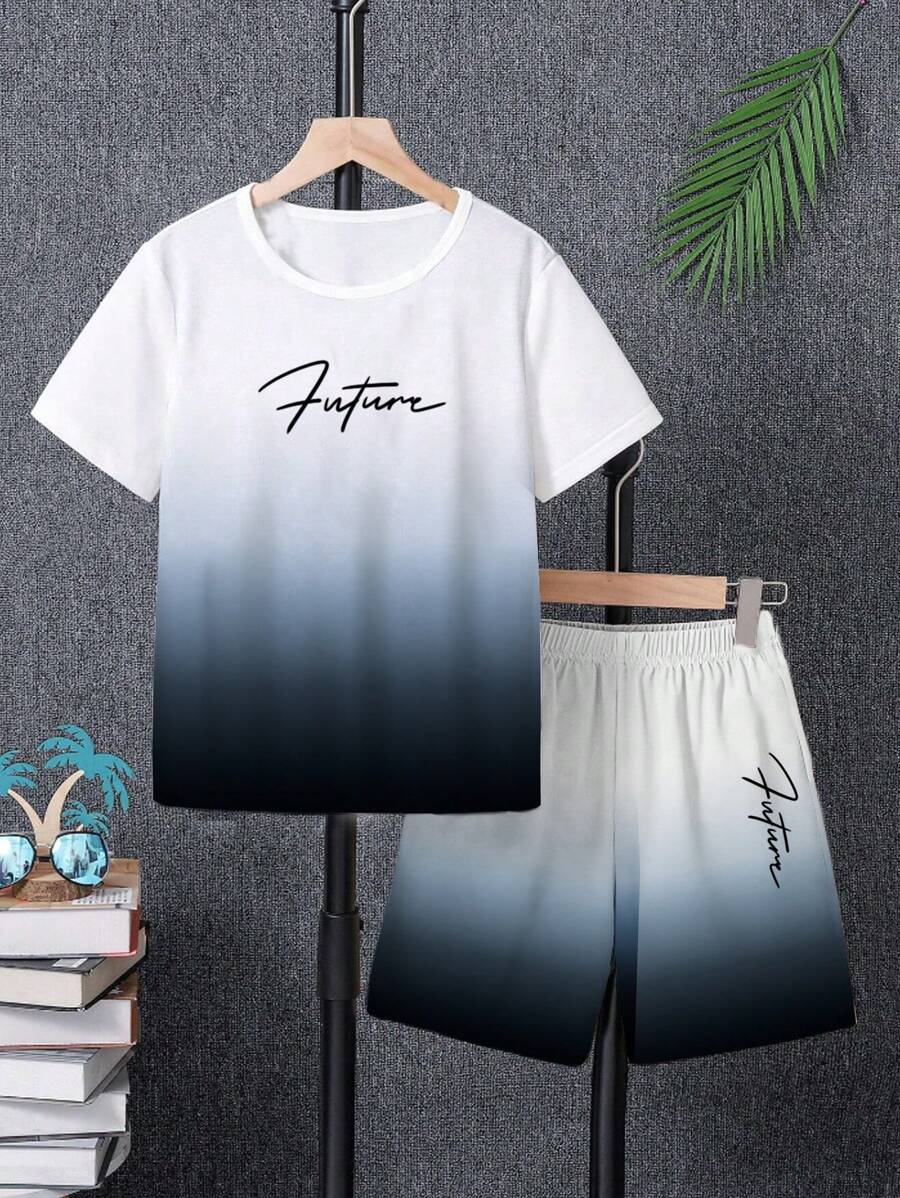 GraphicGems Conjunto de 2 piezas para adolescentes varones con camiseta de estilo deportivo casual con estampado digital degradado y pantalones cortos, adecuado para deportes y universidad