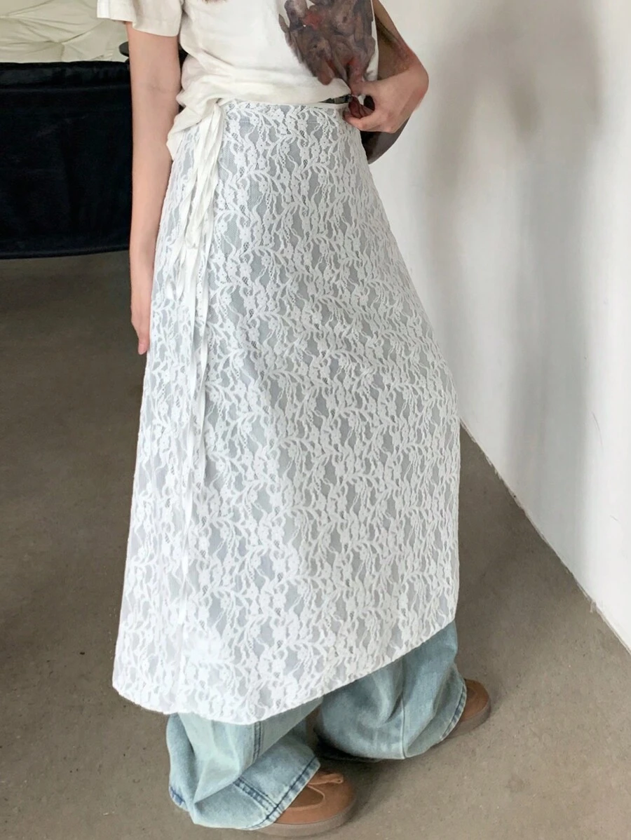 DAZY Falda de encaje transparente con cordones blanca para primavera/verano de mujer
