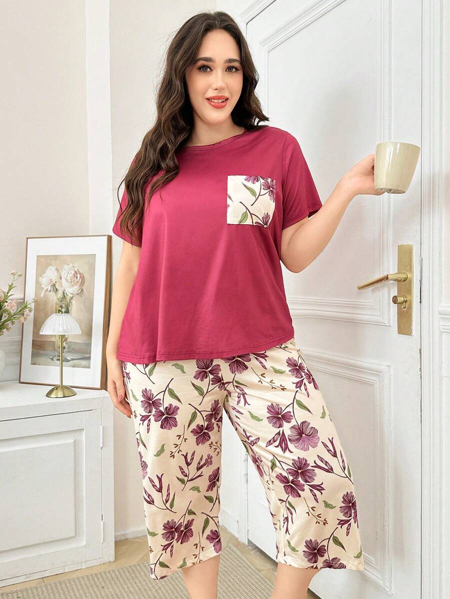 Plus Size Floral Print Short Sleeve Pocket Shirt And 3/4 Pants Set, Homewear
