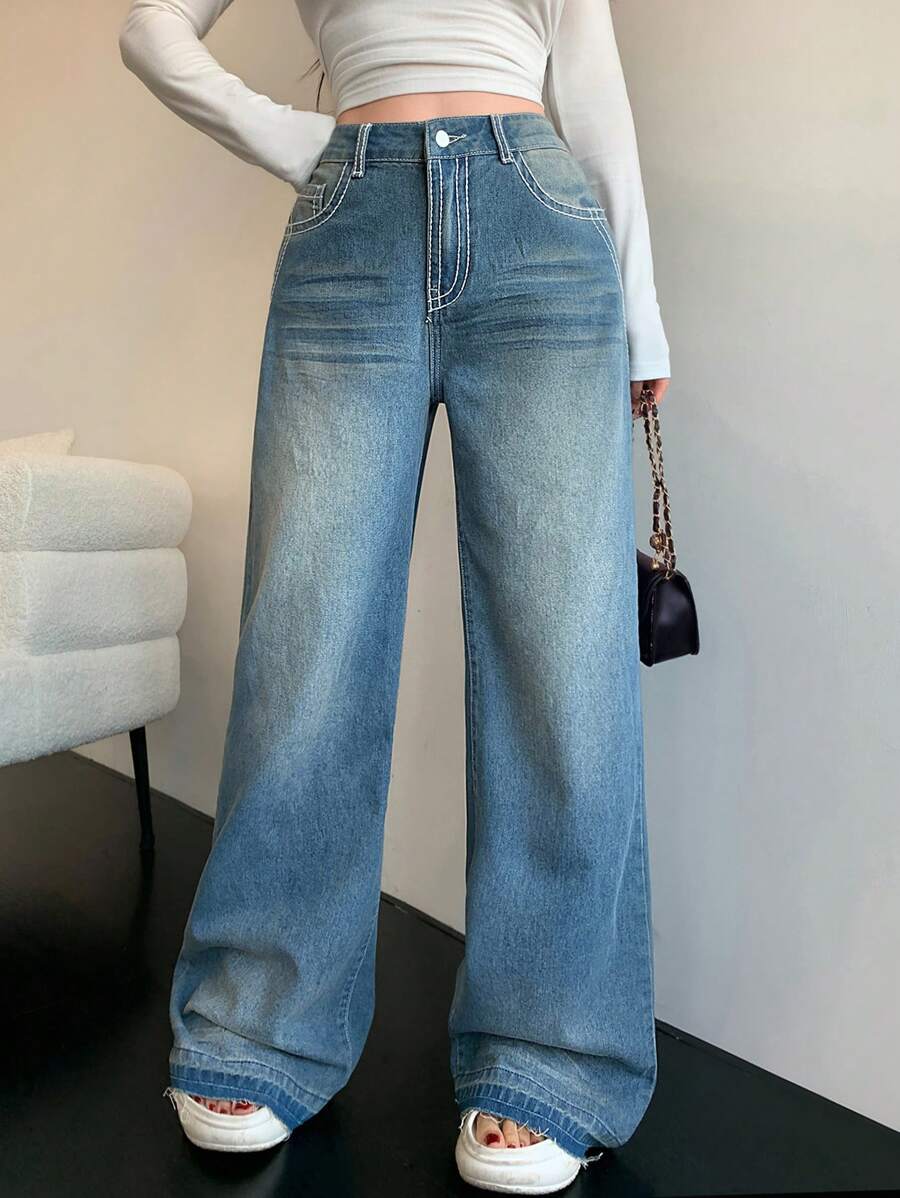 SHEIN MOD MOD Women's Casual Skinny Straight Leg Jeans, Blue Baggy Women Jeans,Baggy Jeans,Y2k Clothes,Stacked Women Jeans,Blue Jeans,Wide Leg Pants