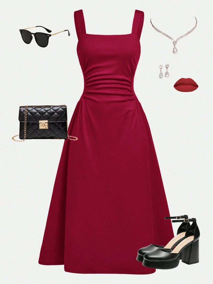 SHEIN Girlism Einfarbiges, gerafftes, legeres, elegantes Camisole-Kleid für Teenager-Mädchen