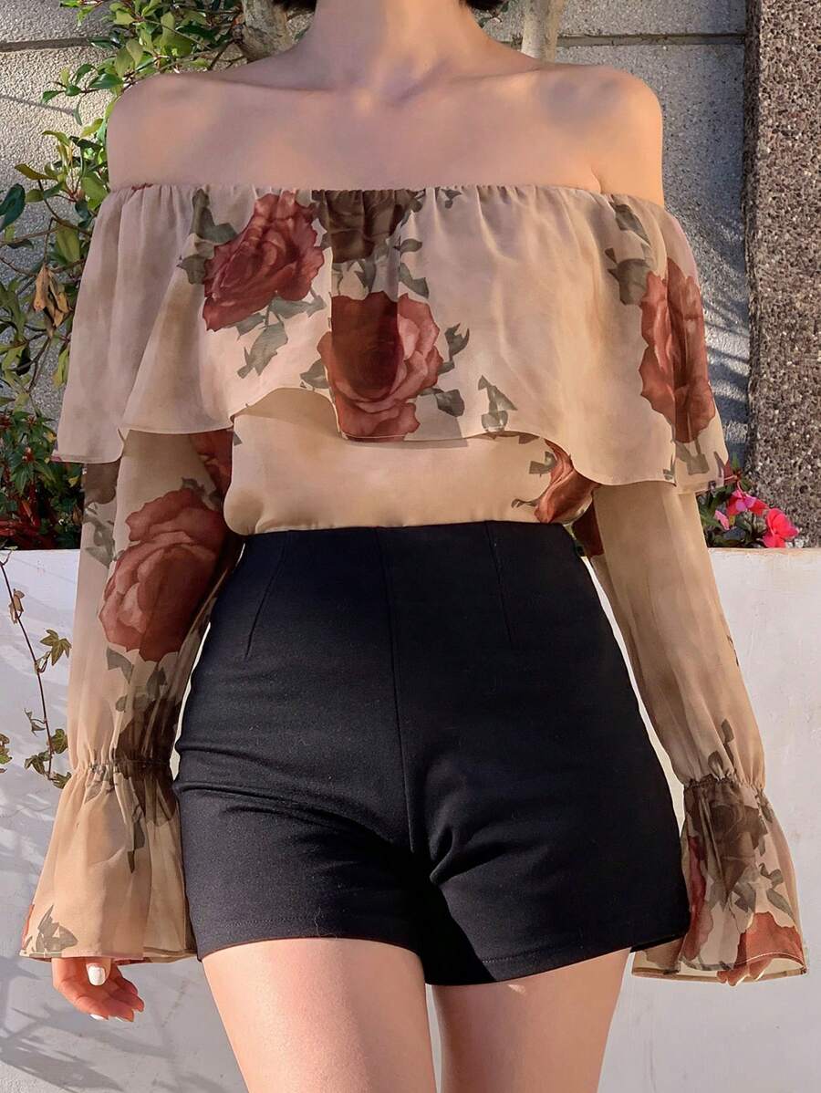 DAZY Blusa de mujer con hombros descubiertos y mangas con diseño de pezuña de caballo, con volantes, top con hombros descubiertos