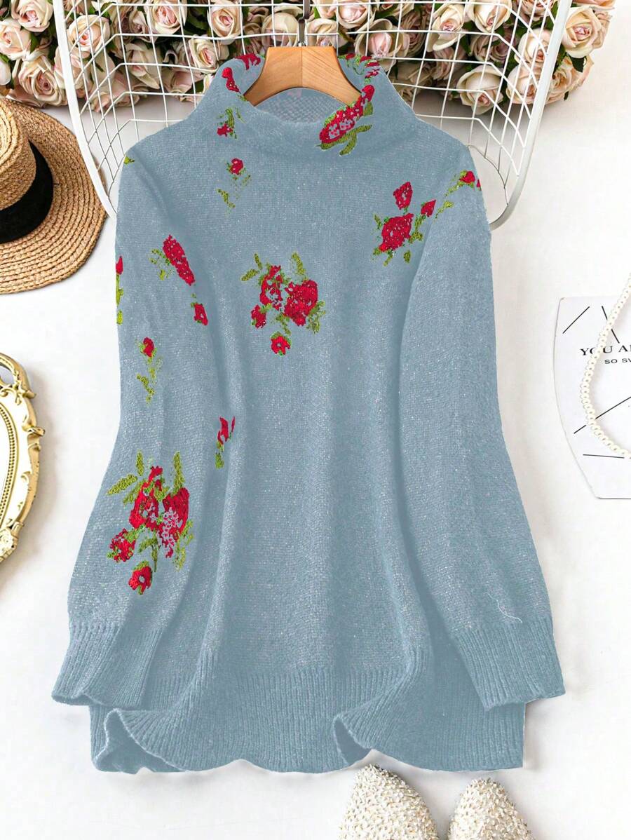 SHEIN LUNE Plus Size Women Floral Pattern Turtleneck Long Sleeve Knit Pullover, Autumn/Winter