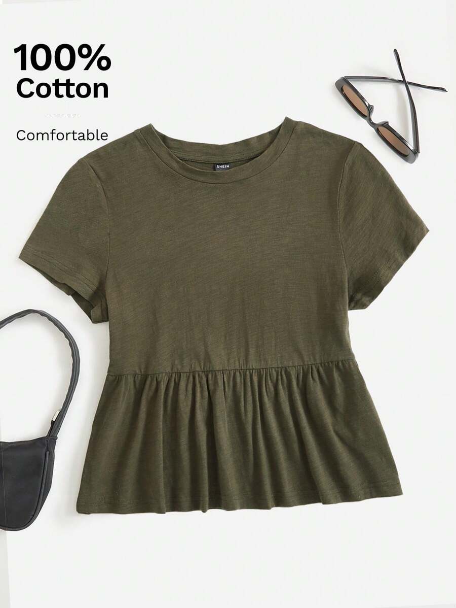 SHEIN EZwear Solid Ruffle Hem Tee