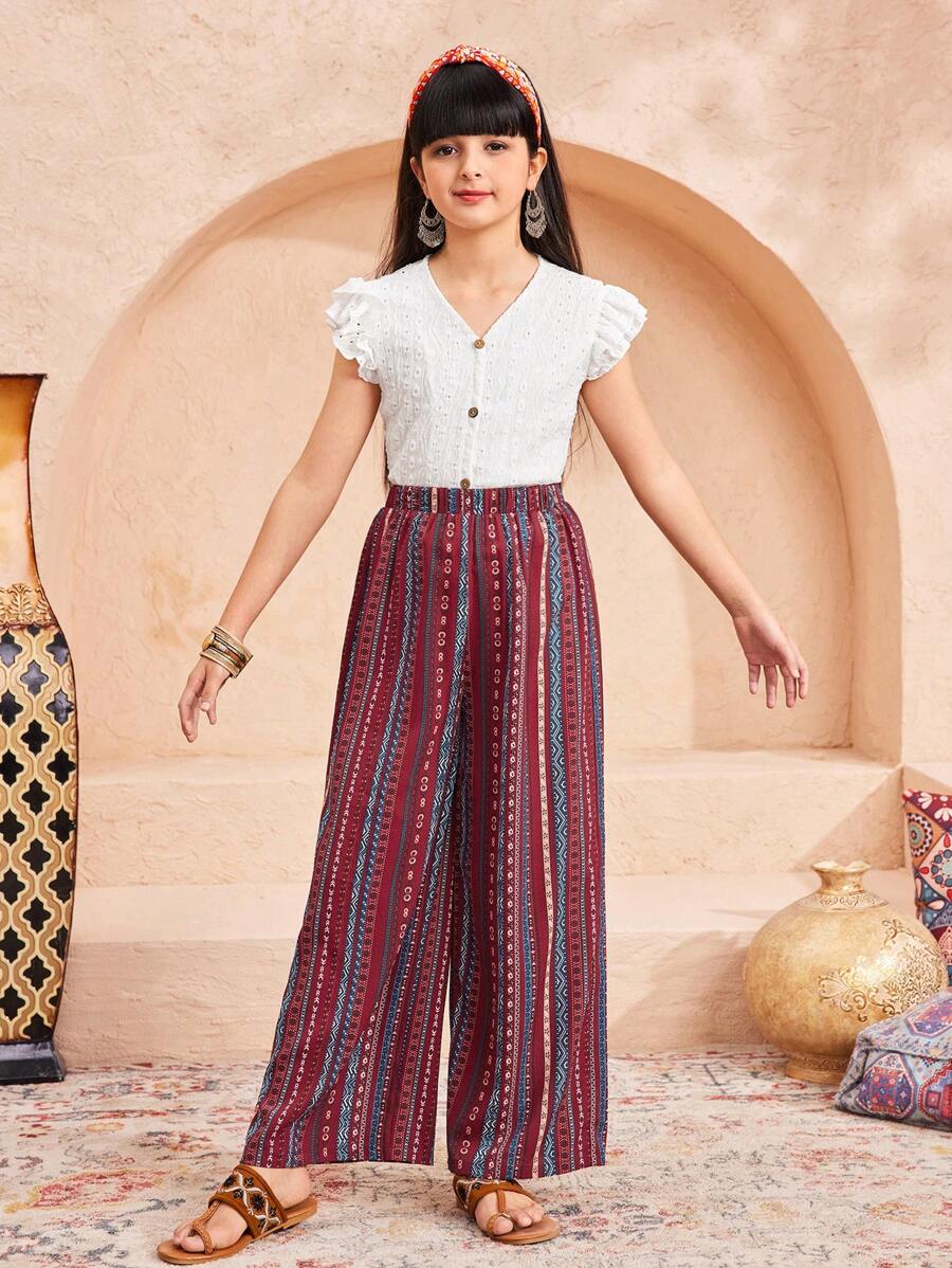 SHEIN Tween-Mädchen Lockere, lässige Vintage-Hose mit weitem Bein und Streifen im Urlaub