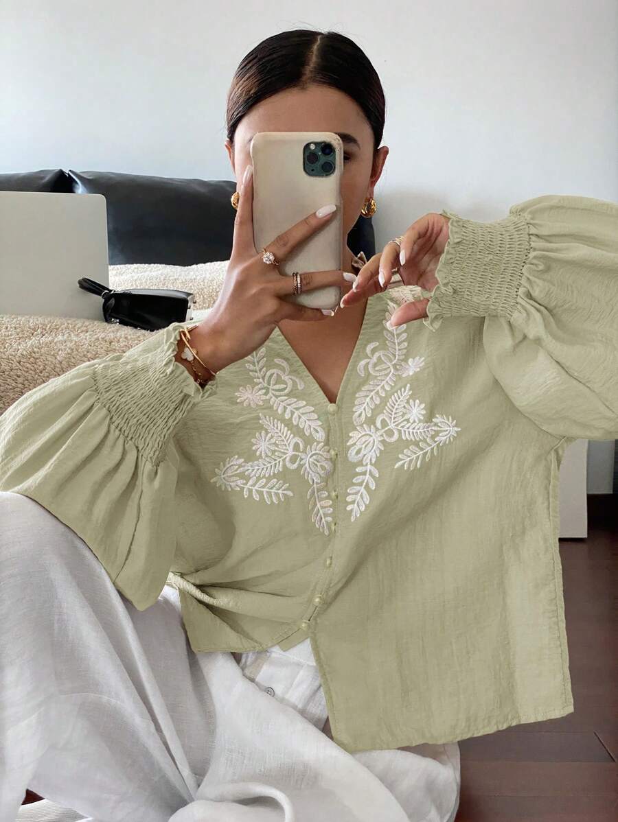SHEIN Frenchy Women's Vacation Casual White Embroidered Front Placket Shirt
