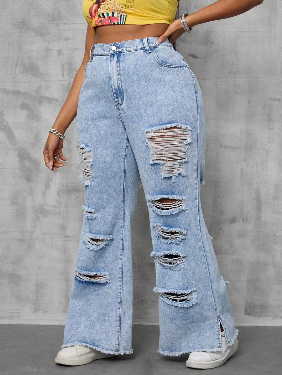 SHEIN SXY Plus Size Voorkant Knoop Zak Versleten Eenvoudige Casual Denim Jeans