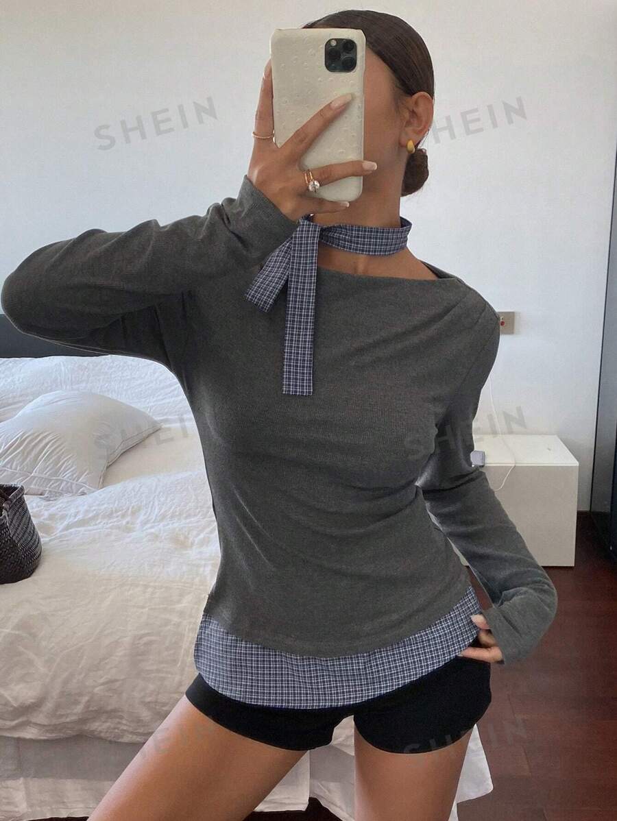 DAZY Camisa de mujer de manga larga con hombros descubiertos, cuello de corbata y diseño de patchwork a cuadros