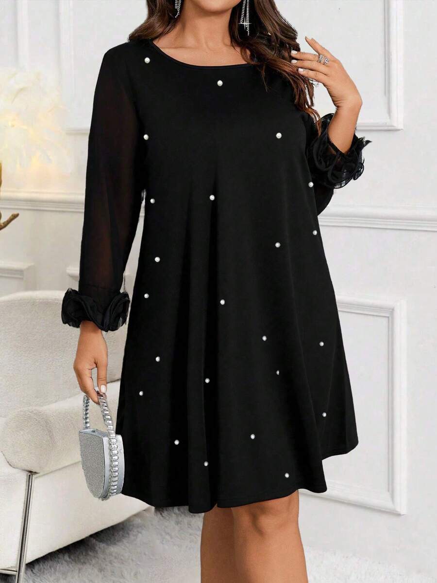 SHEIN Clasi Plus Size Casual Dress With Mesh Patchwork, Long Sleeve, Faux Pearl Decor