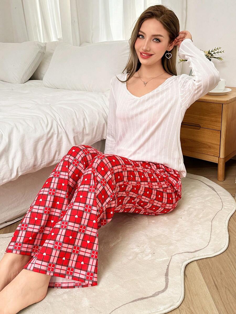 Dream Adore Women 2pcs Pajama Set - Solid Jacquard V-Neck Long Sleeve Top And Red Plaid Long Pants