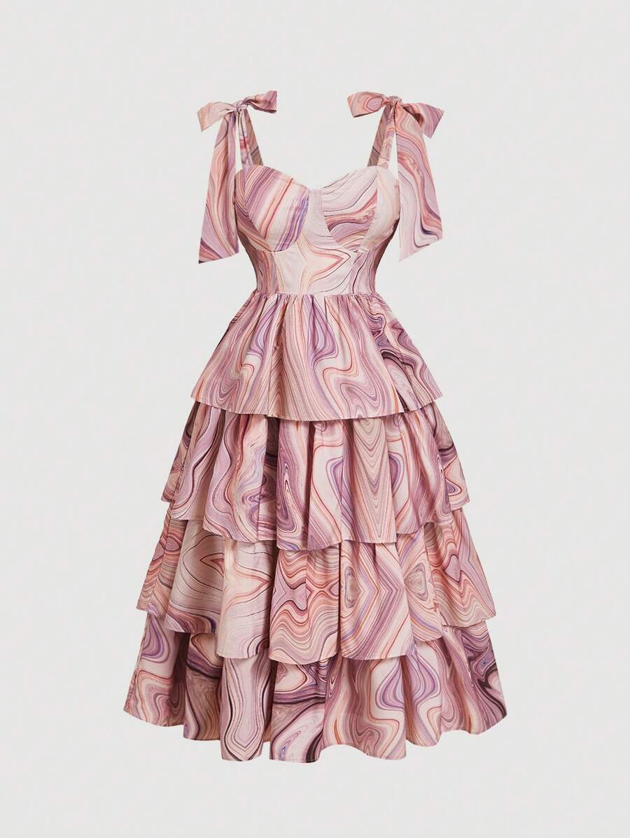 SHEIN MOD Vestido de talla grande con estampado ondulado rosa y moño multicapa, vestido de San Valentín