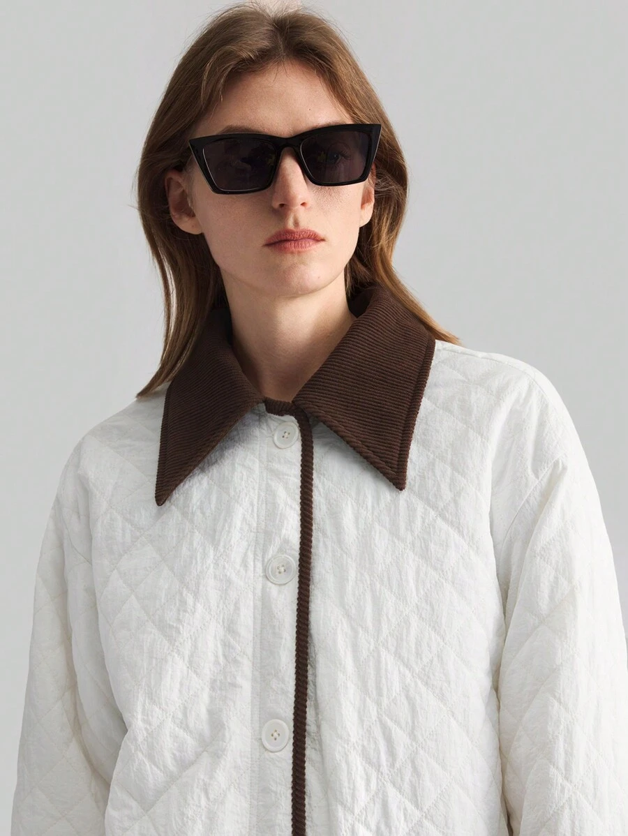 Ontre Women's Contrast Trim Long Sleeve Pocket Casual Winter Jacket, Minimalist Design