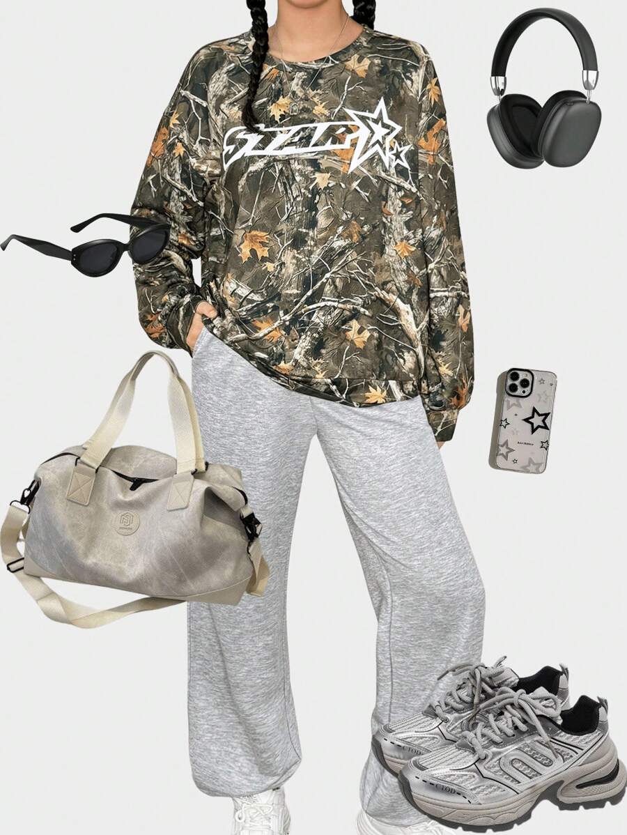SHEIN Girlism Conjunto de 2 piezas para adolescentes, con estampado de camuflaje y rama de árbol, deportivo, urbano, de vuelta al colegio, genial, sudadera verde y pantalones