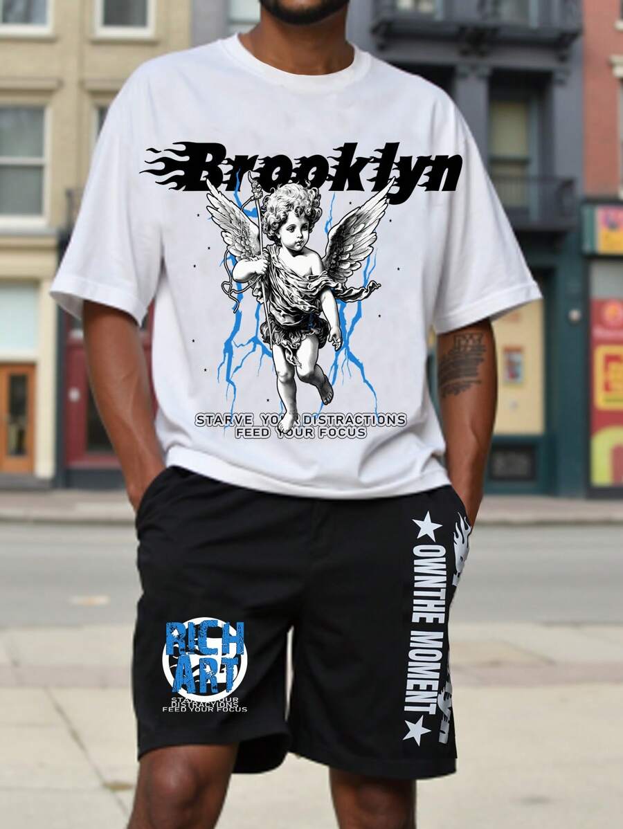 Manfinity EMRG 2pcs/Set Men Casual Printed Crew Neck Short Sleeve Top And Shorts Set
