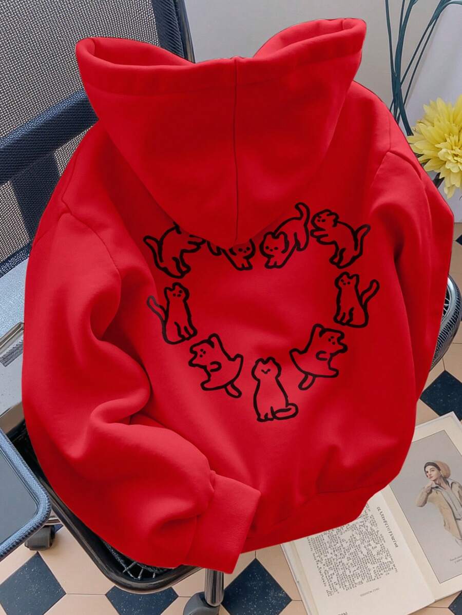 INAWLY Women Cute Cat Heart Graphic Print Pullover Red Hoodie Sweatshirt, Casual Hooded Top For Autumn/Winter