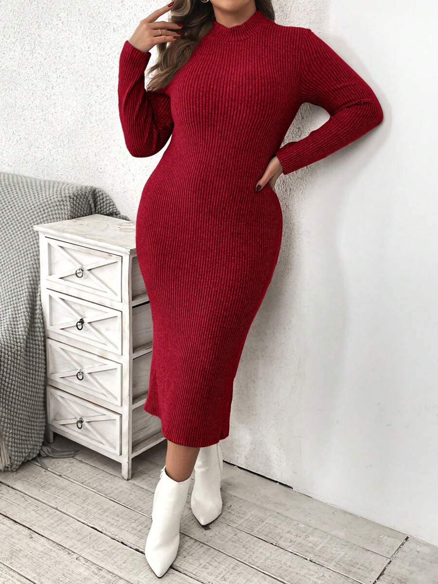 SHEIN VCAY Plus Size Solid Color Stand Collar Long Sleeve Slim Casual Dress