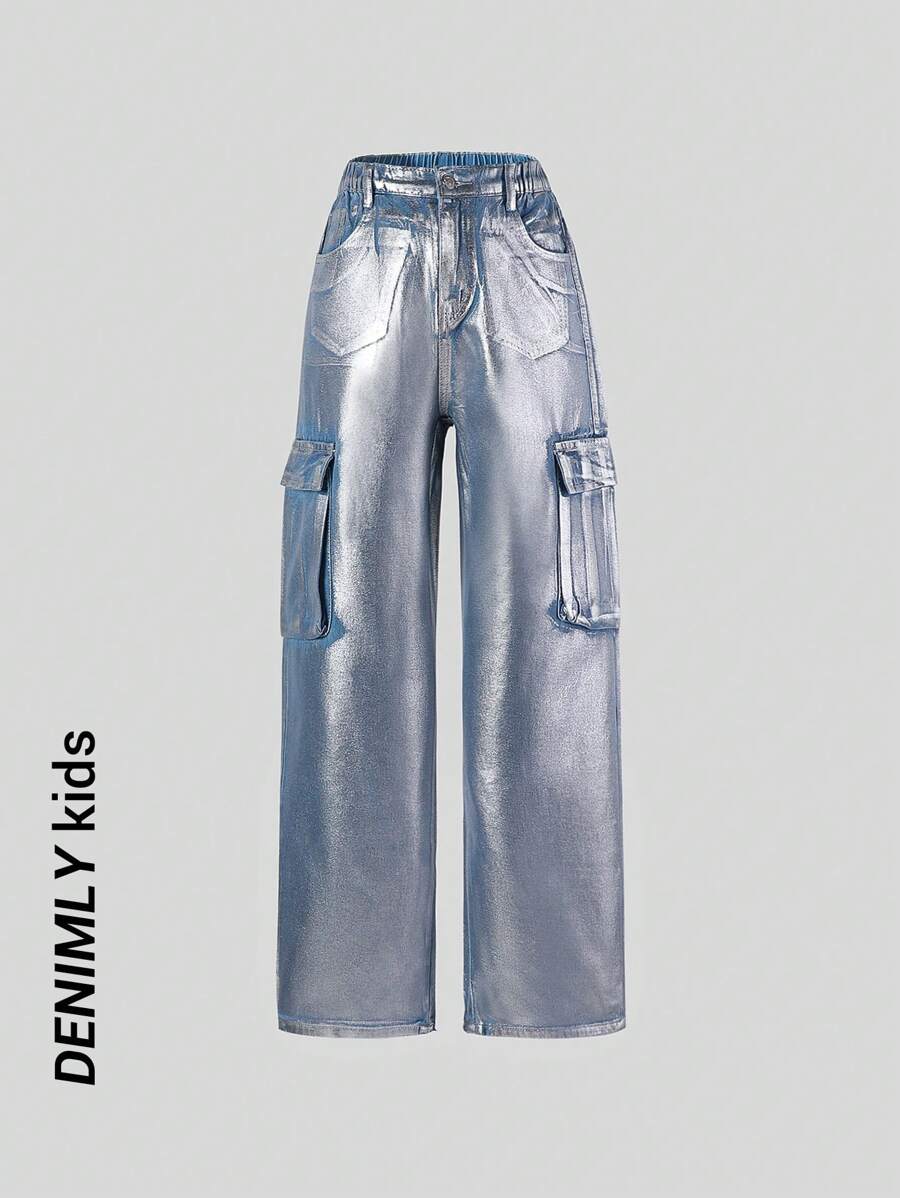 SHEIN Pantalones cargo plateados metálicos de estilo ciberpunk futurista con múltiples bolsillos 3D para adolescentes chicas
