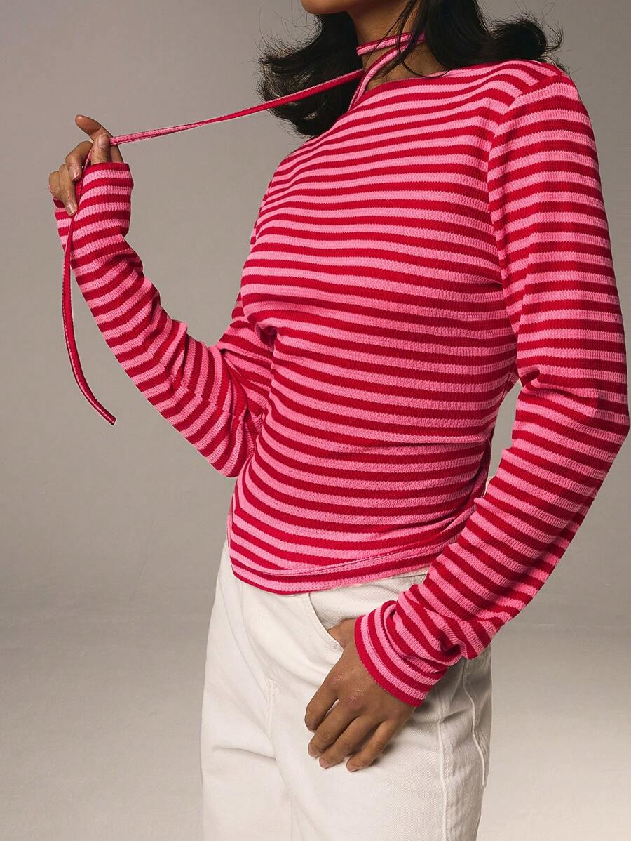 Athîral Camiseta de manga larga de cuello redondo de estilo casual a rayas para mujer, de otoño