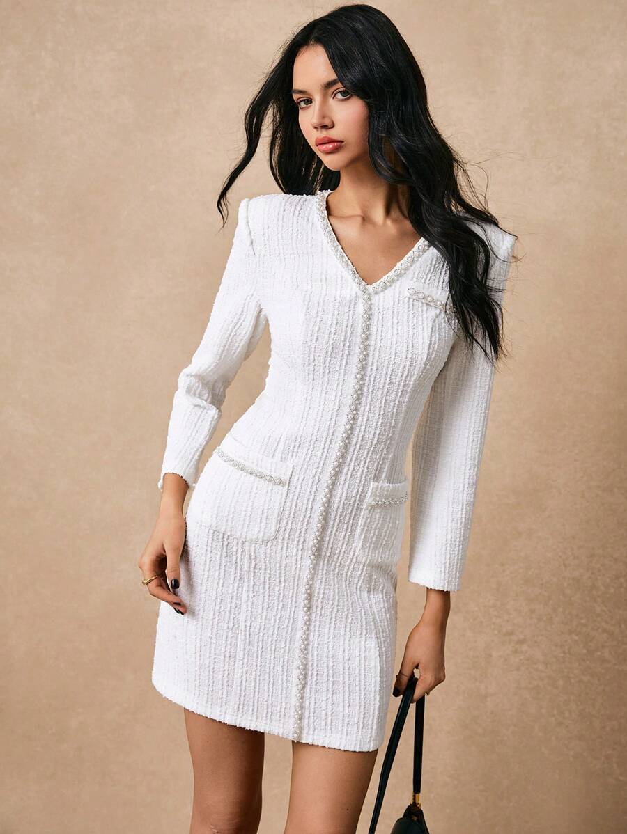 Poéselle Women Elegant Beads Embellished Short Casual Dress, Autumn