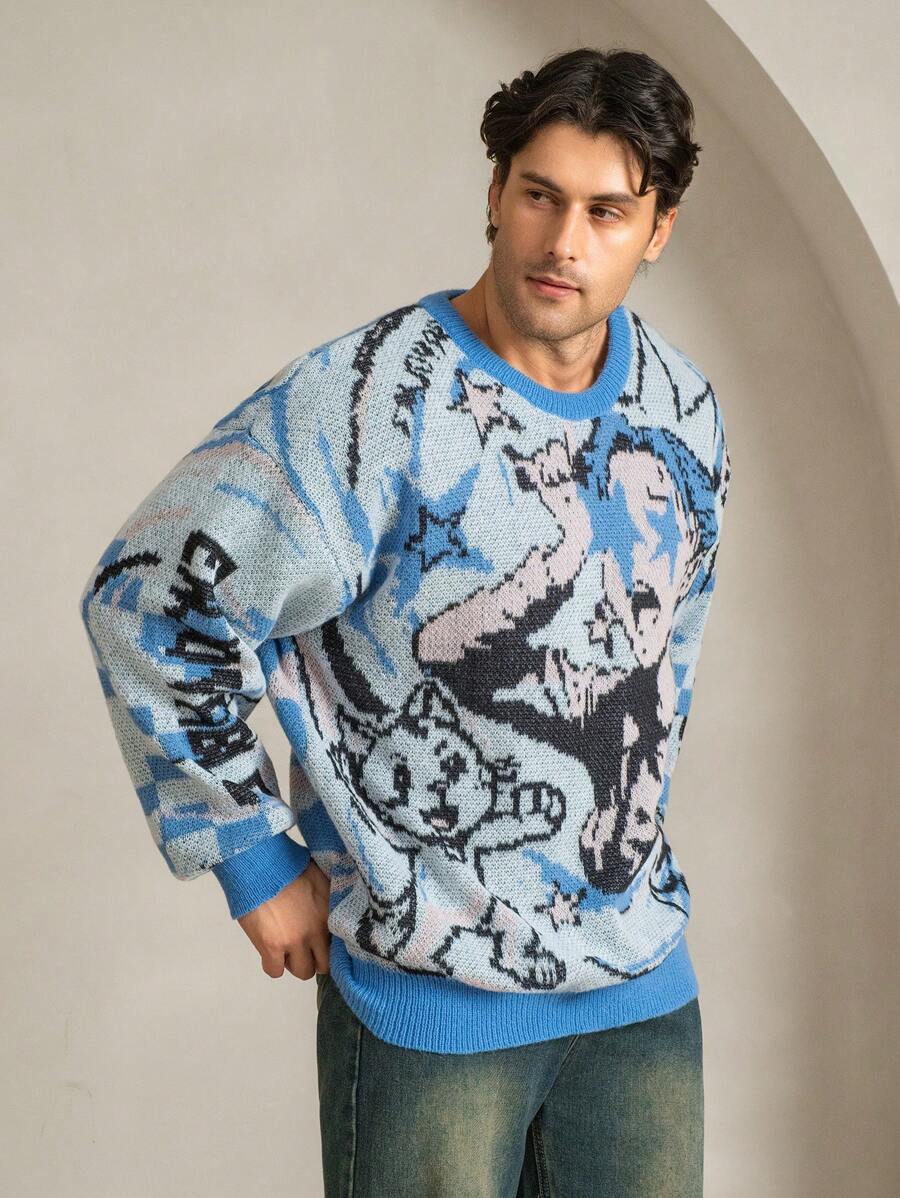 Manfinity EMRG Plus Size Men's Round Neck Long Sleeve Graphic Detail Casual Pullover Sweater