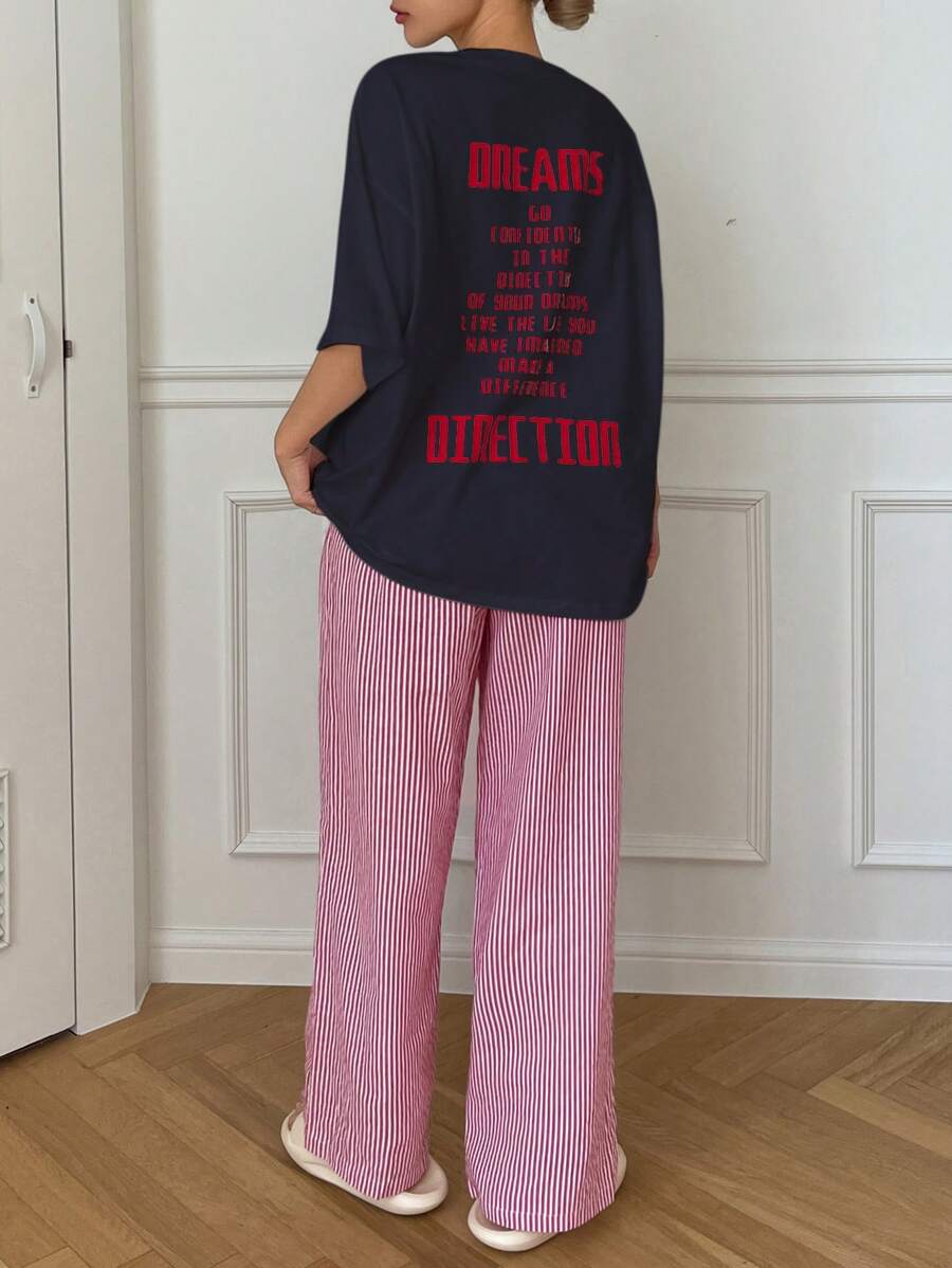 DAZY Conjunto de pijama de mujer con camiseta holgada con estampado de letras y pantalón relajado a rayas para la primavera