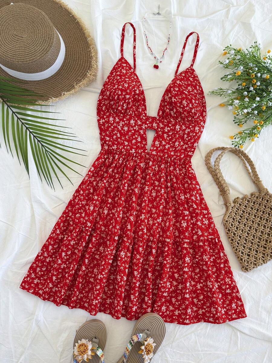 Soleia Vestido casual de vacaciones con tirantes finos, escote en V y espalda descubierta, con lindo estampado floral rojo en fondo blanco