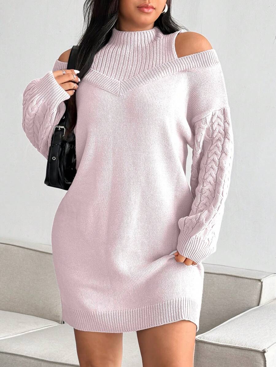 Flirla Popular Plus Size Women Batwing Sleeve Cozy Soft Gray Knit Turtleneck Asymmetric Sweater Dress, Sexy Details For Winter
