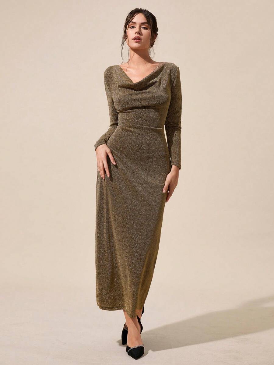 RueChic Glamorous Shinny Gold Lurex Cowl Neck Long-Sleeve Maxi Dress