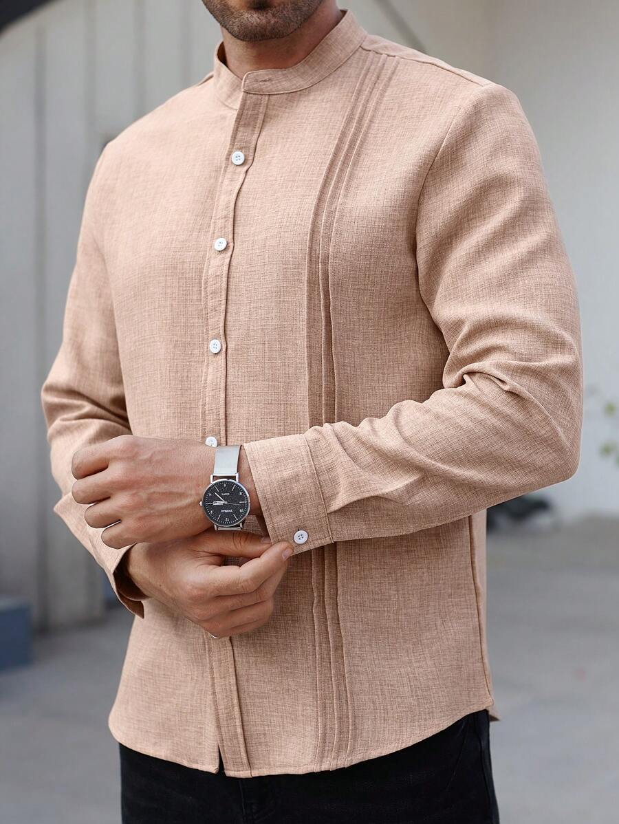 Manfinity Homme Chemise décontractée à manches longues à col simple et plissée de couleur unie pour hommes, automne