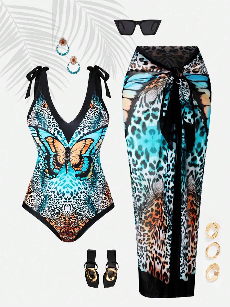 Swim Oasis Plus Size 2 Pieces Set: V-Neck Butterfly Print Swimsuit With Tie-Front Cover Up And Long Tie-Waist Skirt, Beachwear For Vacation Summer