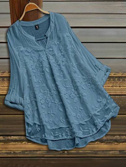 Joress Plus Size  Blue Floral Blouse, Casual V-Neck Textured Top For Women