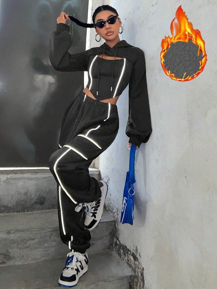 Coolane 2pcs/Set Women Hoodie Top & Pants Set, Solid Color