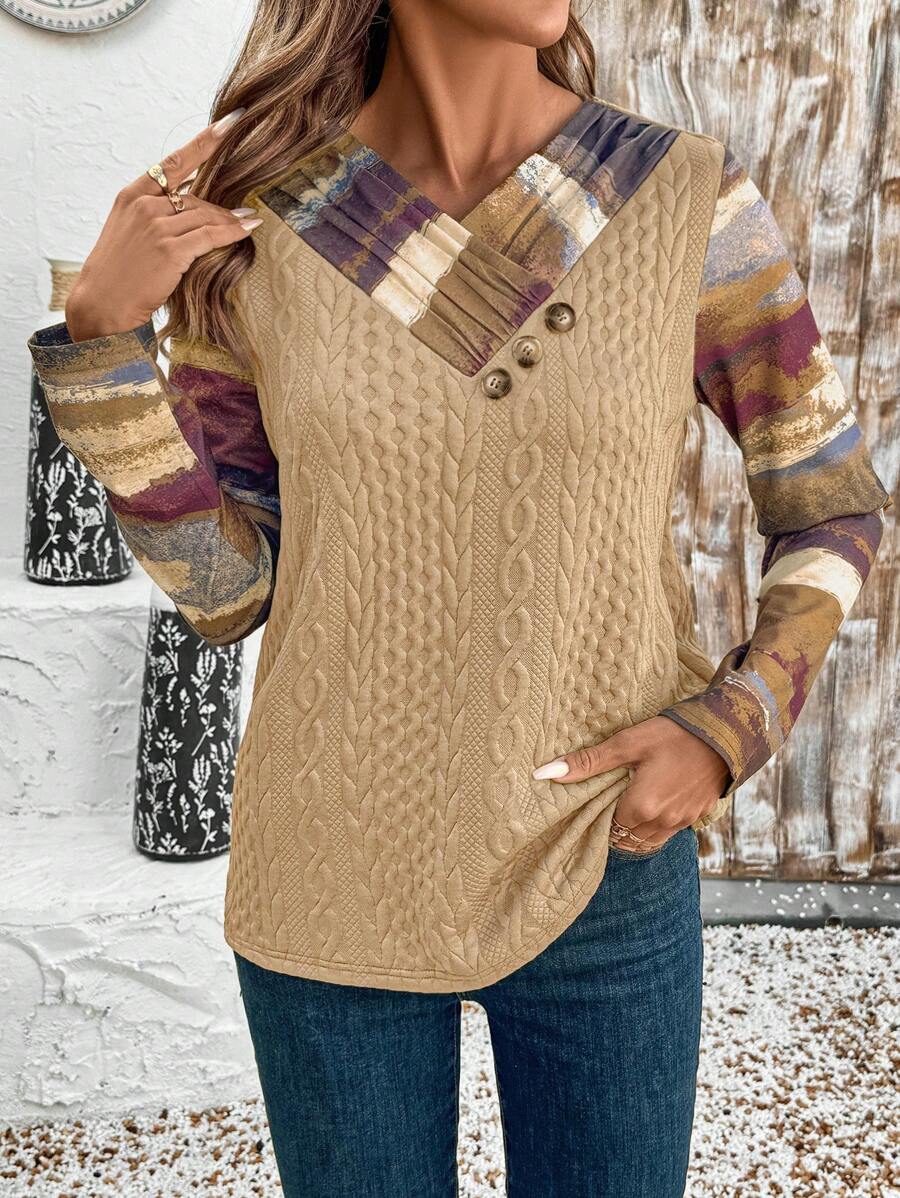 SHEIN LUNE Modieus casual T-shirt met lange mouwen voor dames, gekruiste halslijn, geplooid, knoopsluiting, V-hals, bedrukte contrasterende raglanmouw, gebreide stof met structuur, geschikt voor herfst/winter
