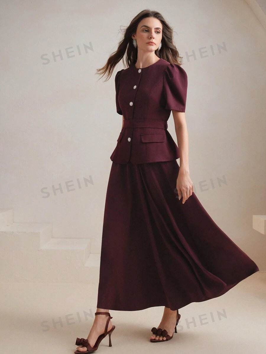 Anewsta Conjunto de vestido de línea A de manga abullonada y cintura ceñida, elegante para ir al trabajo y moderno para el verano, Año Nuevo, Día de San Valentín