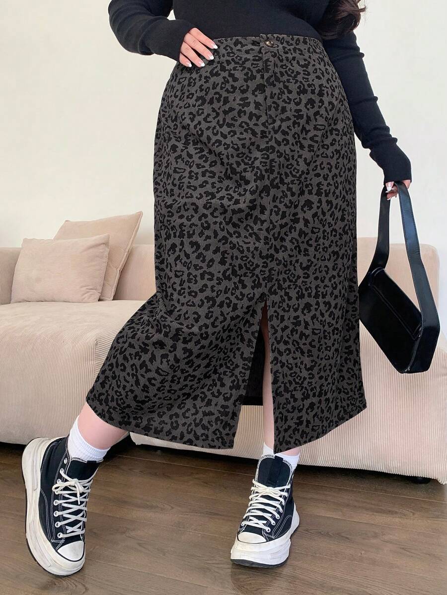 Dazy Plus Jupe droite mi-longue imprimé léopard grande taille avec taille élastique et fente latérale, toutes saisons, vêtements d'automne