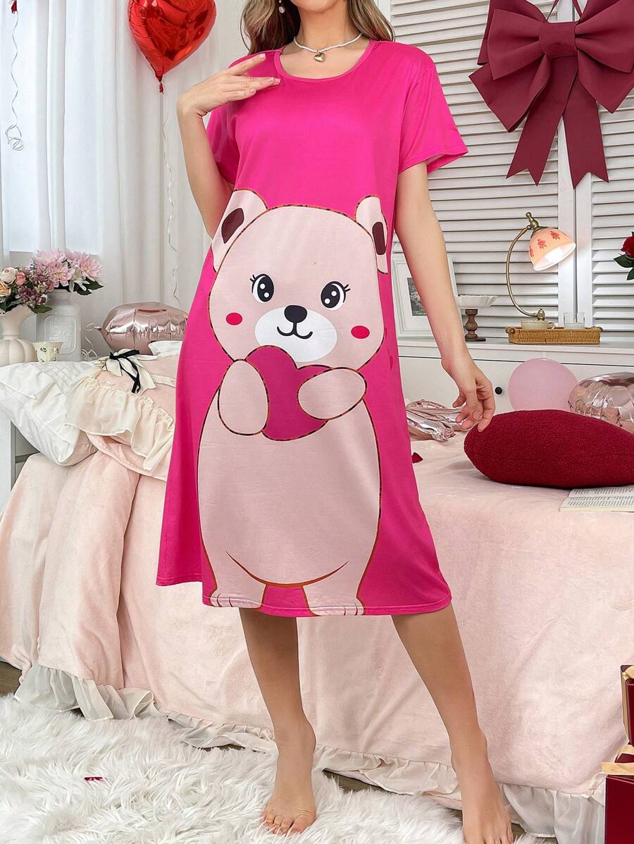 Women's Cute Cartoon Bear Heart Print Nightgown