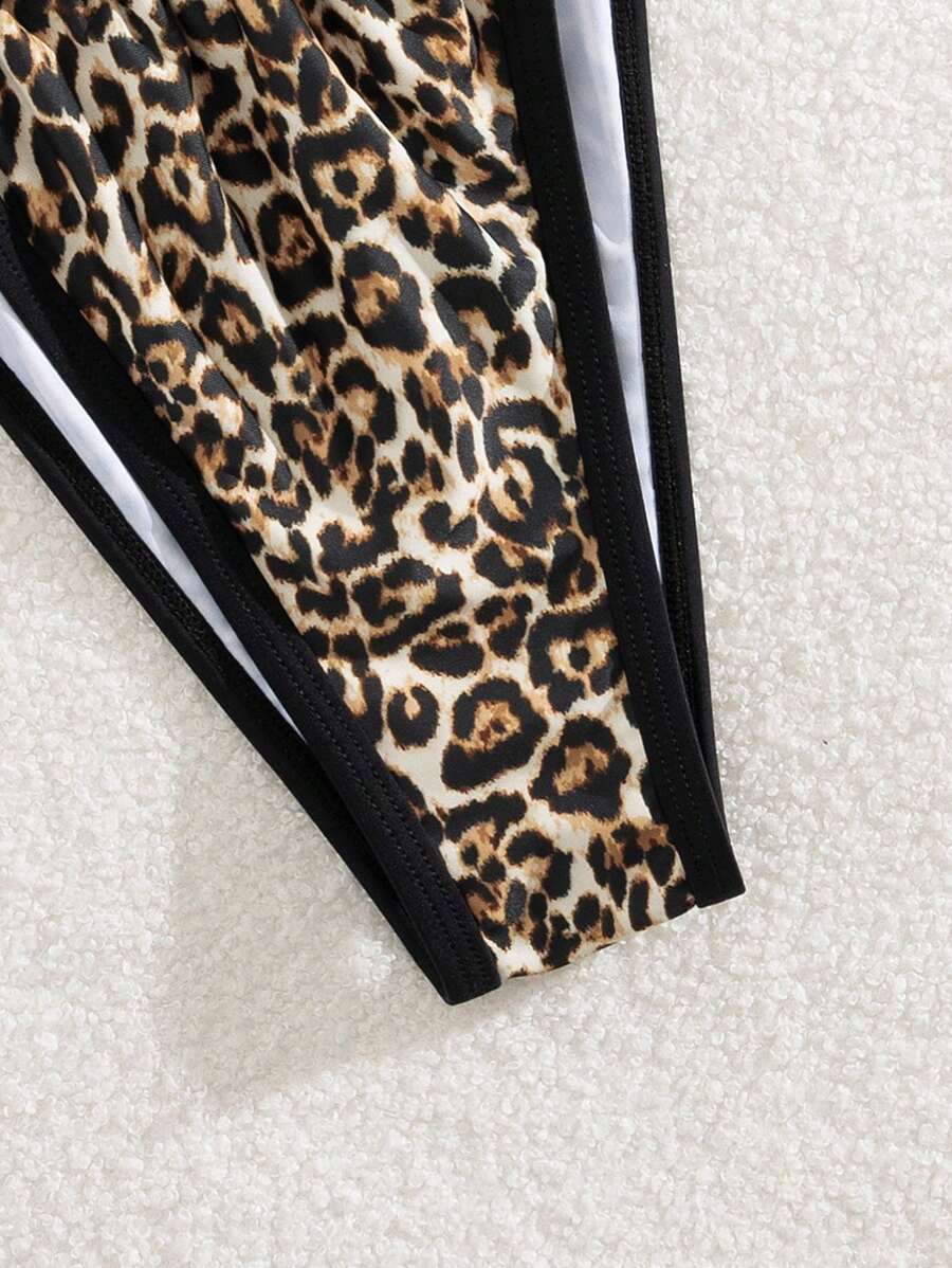 Women S Convertible Strap Strapless Leopard Print Spliced Bikini Swimwear 2 Piece Set With Metal