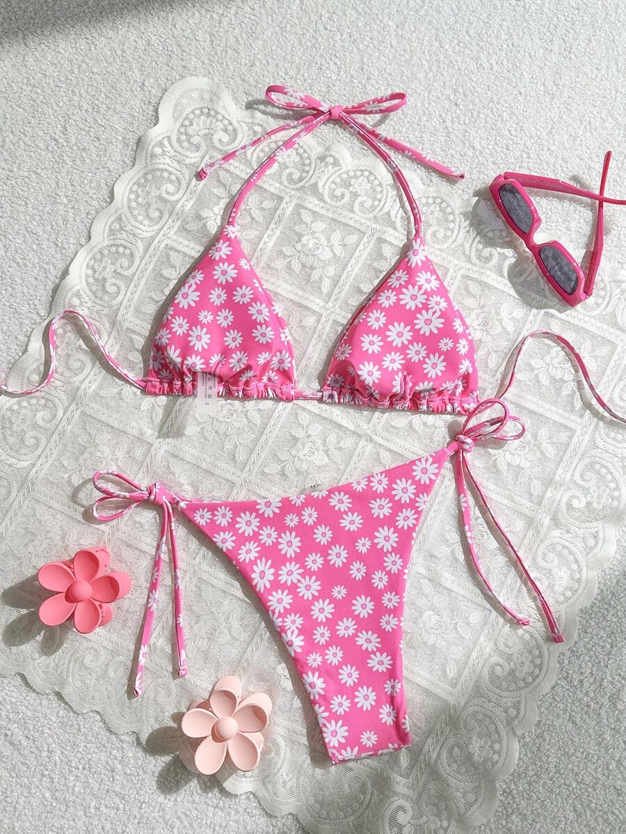 Women S Holiday Floral Pattern Spaghetti Strap Sexy Bikini Set Bikini Summer SHEIN USA