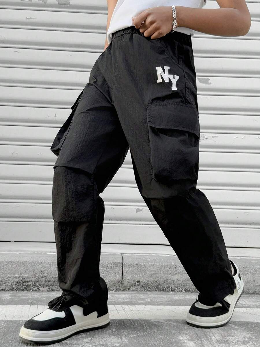 1pc Tween Boys Casual Black Pants, Teenage Boys' Loose Fit Utility Trousers